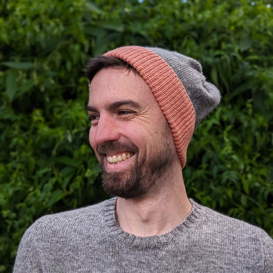Ria Burns Hat Naturally Dyed Beanie - Madder Coral and Grey 100% Lambswool