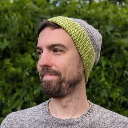 Ria Burns Hat Naturally Dyed Beanie - Weld Green and Grey 100% Lambswool