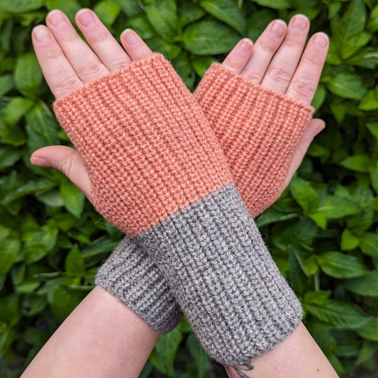Ria Burns Mittens Fingerless Mittens - Colour Block Madder Coral and Grey