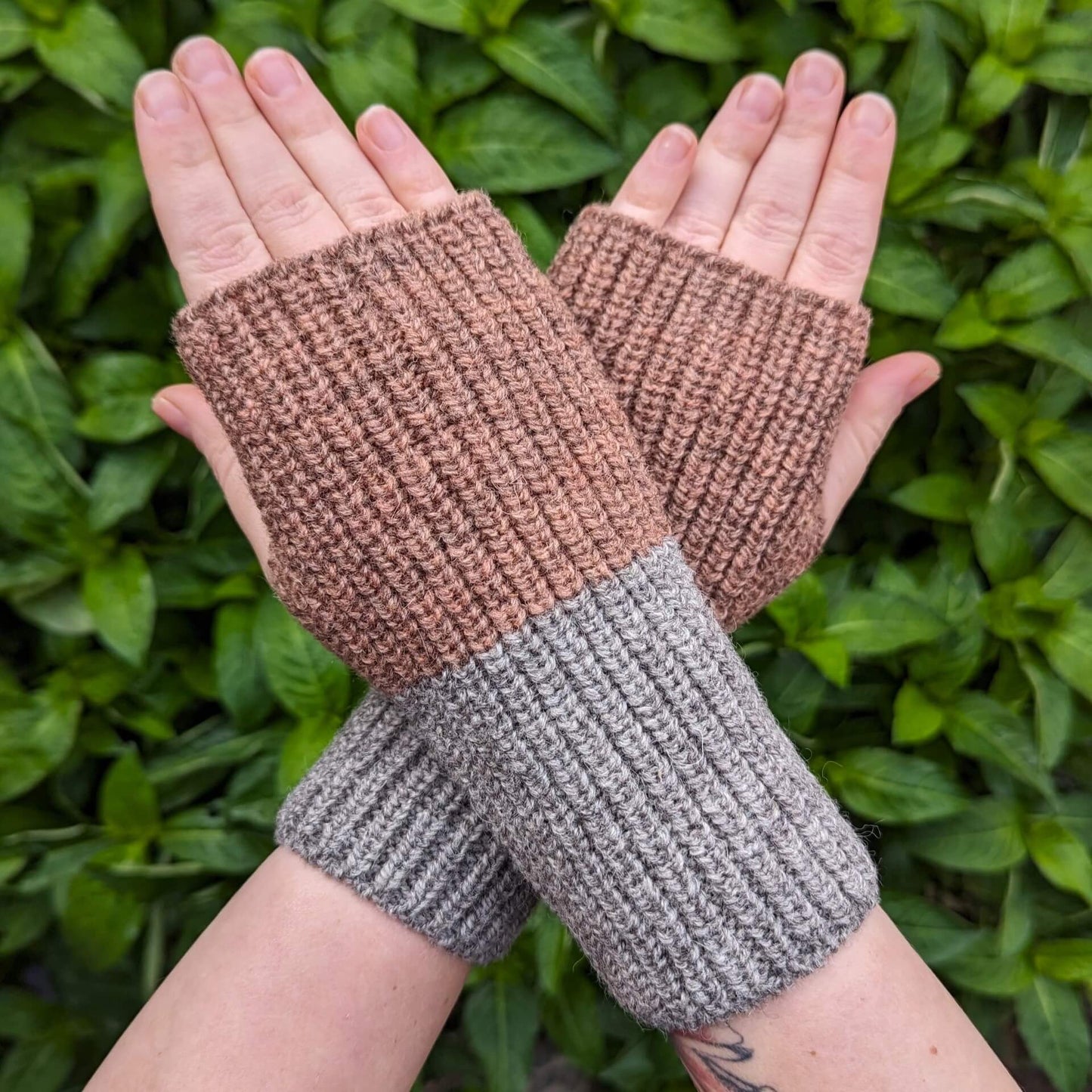 Ria Burns Mittens Fingerless Mittens - Colour Block Madder Red and Grey