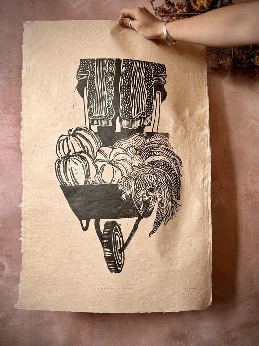 Artwork 'Wheelbarrow' - Wood-cut Print homeware shops bristol gift shops bristol Rosanna Morris