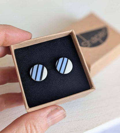 Stud Earrings Blue & Black Stripe Polymer Clay Button Studs - Various Colours homeware shops bristol gift shops bristol Shaped Contemporary