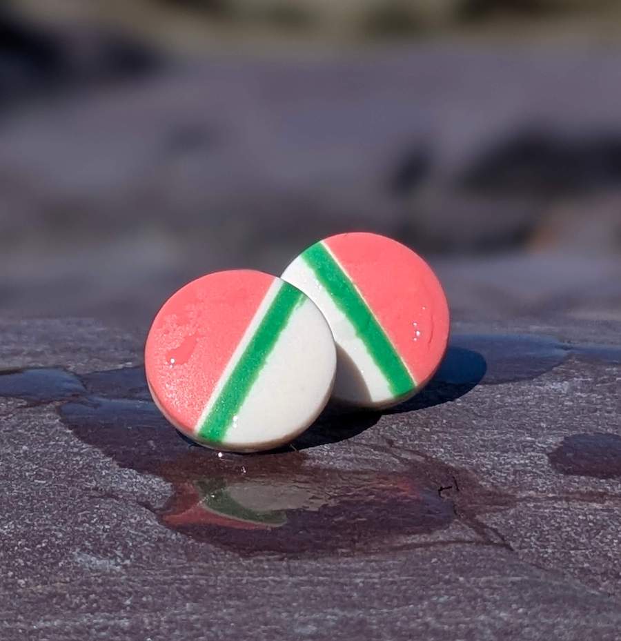 Stud Earrings Green & Pink Stripe Polymer Clay Button Studs - Various Colours homeware shops bristol gift shops bristol Shaped Contemporary