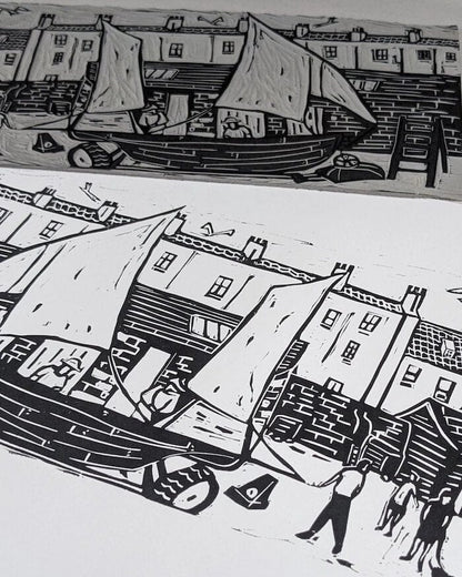 Bristol Linocut Print Life at the Yard, Original Linocut Print homeware shops bristol gift shops bristol Victoria Wilmott