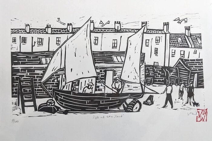 Bristol Linocut Print Life at the Yard, Original Linocut Print homeware shops bristol gift shops bristol Victoria Wilmott