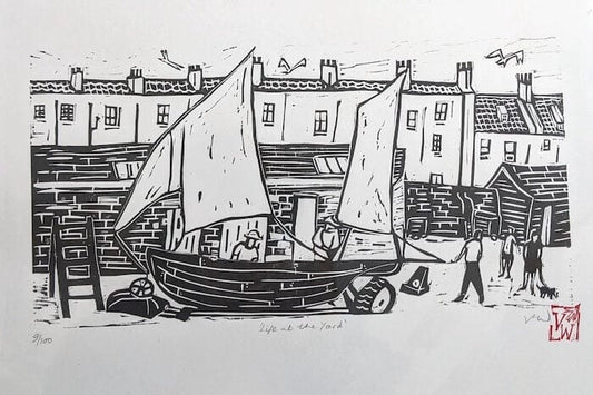 Bristol Linocut Print Life at the Yard, Original Linocut Print homeware shops bristol gift shops bristol Victoria Wilmott