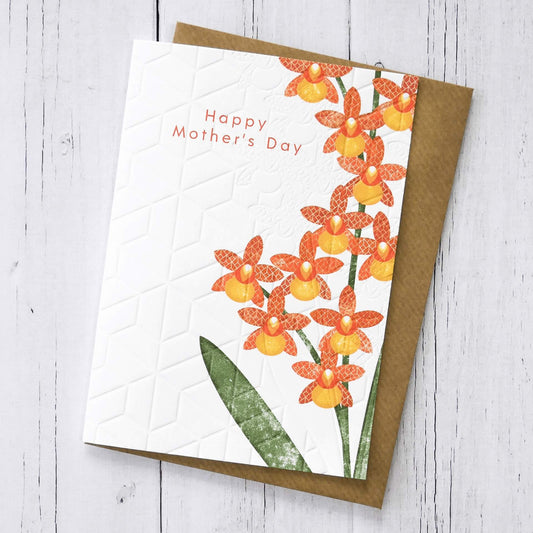 Ash Leaf Printing Greetings Card Happy Mothers Day (Embossed) - Orange Flower Card