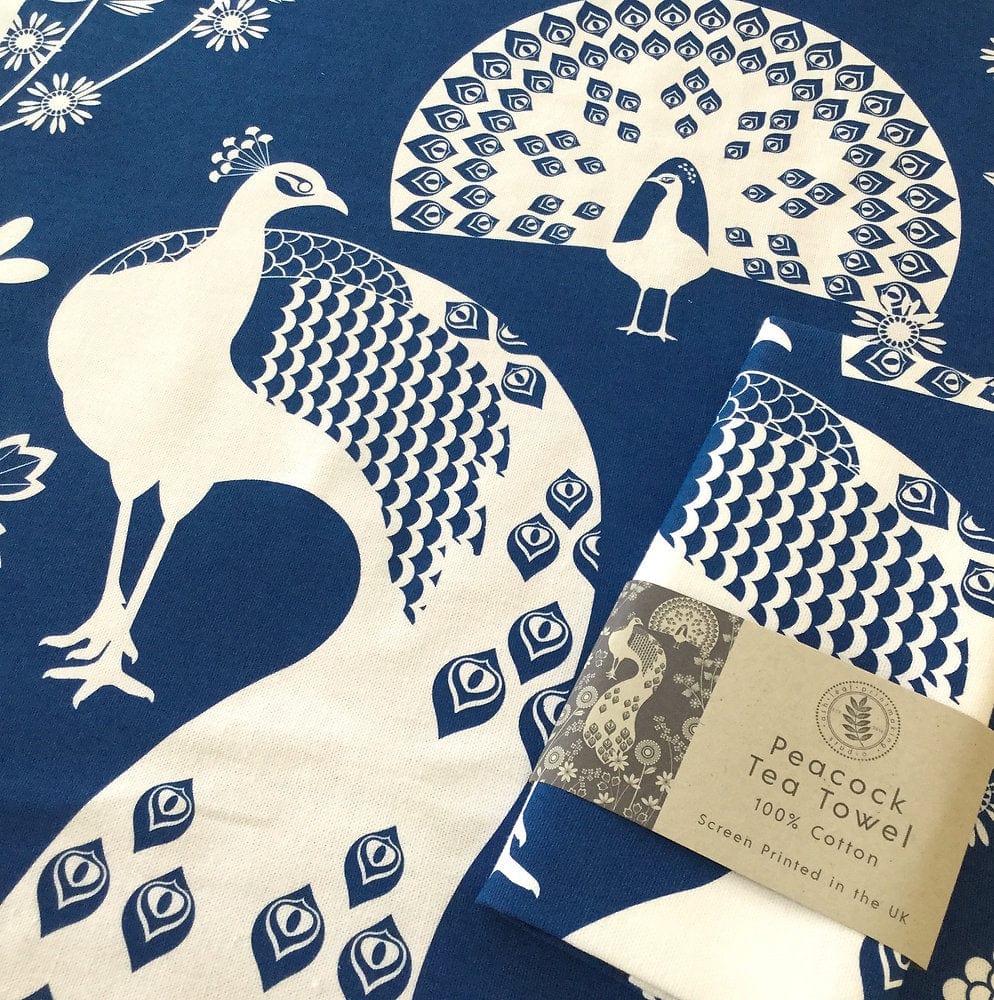 Ash Leaf Printing Tea Towel Peacock Tea Towel in Dark Blue