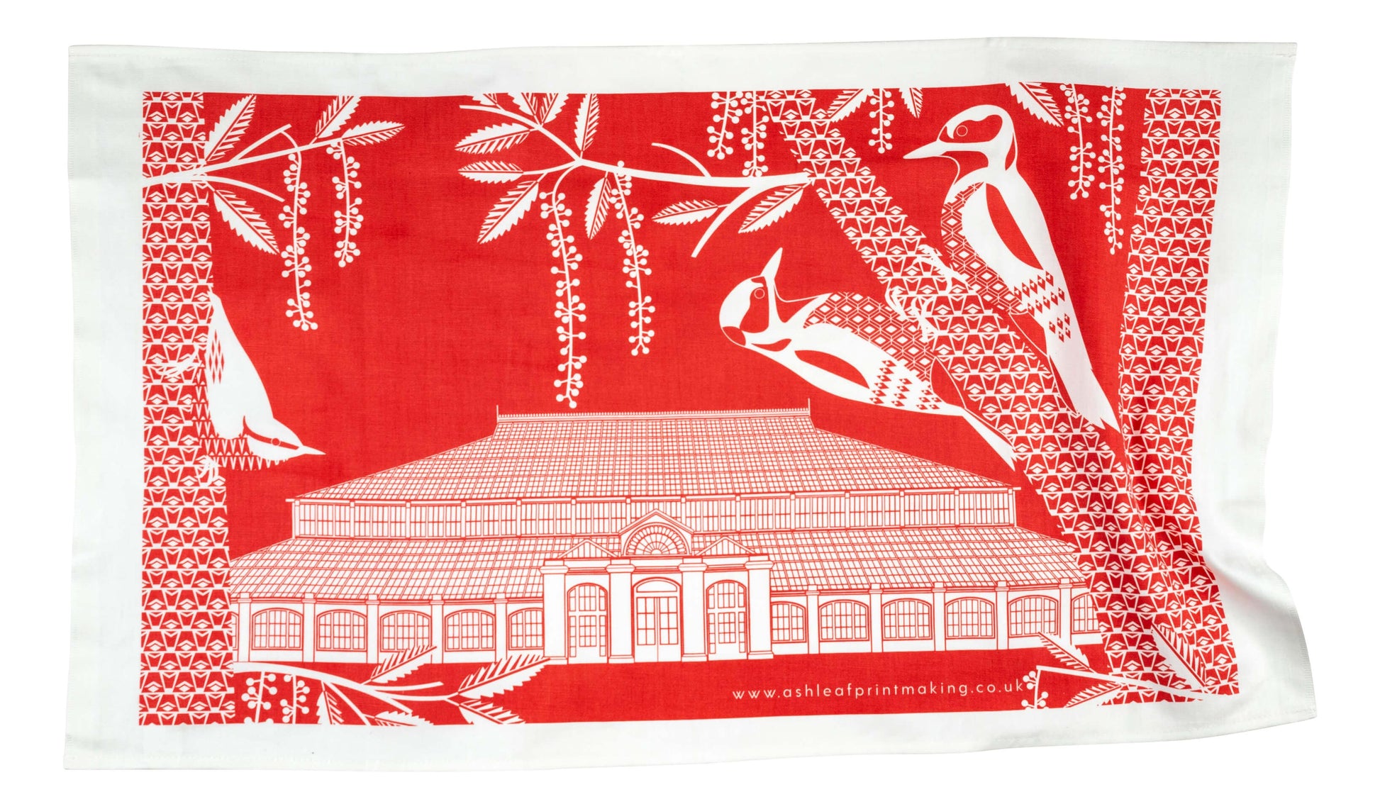Ash Leaf Printing Tea Towel Woodpeckers Tea Towel In Red