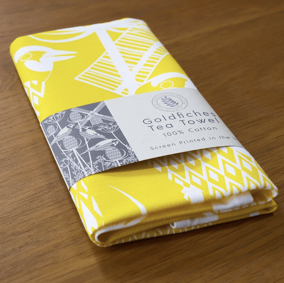 Ash Leaf Printing Tea Towel Yellow Goldfinches Tea Towel