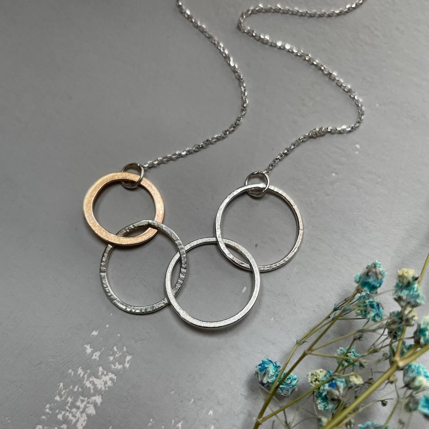 Ava & Bea Necklace Paper Print Silver & Rose Gold Filled Four Ring Necklace