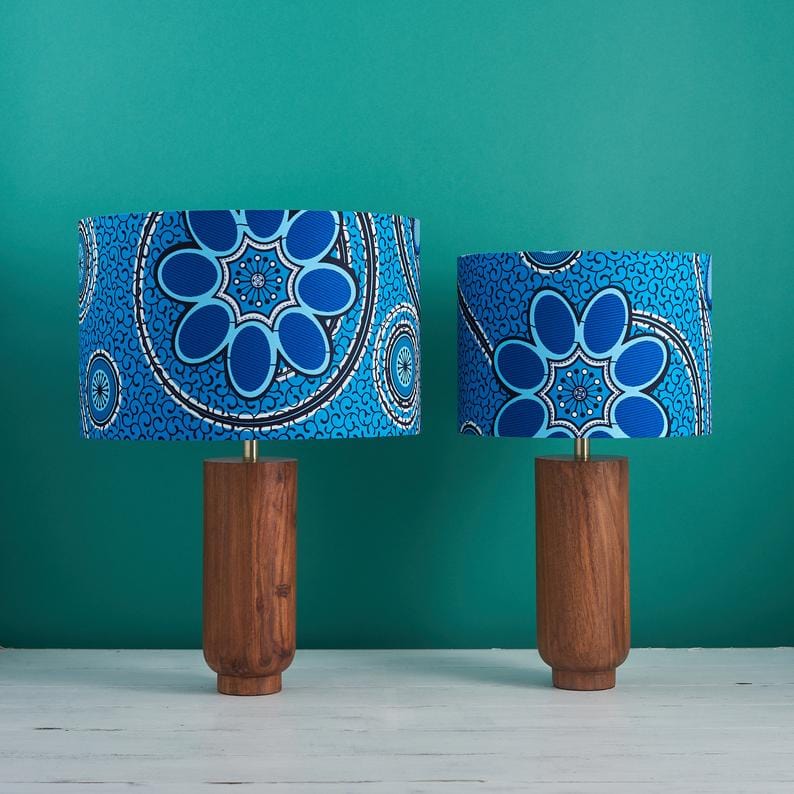 Bespoke Binny Lampshade African wax print drum lampshade - blue floral geometric