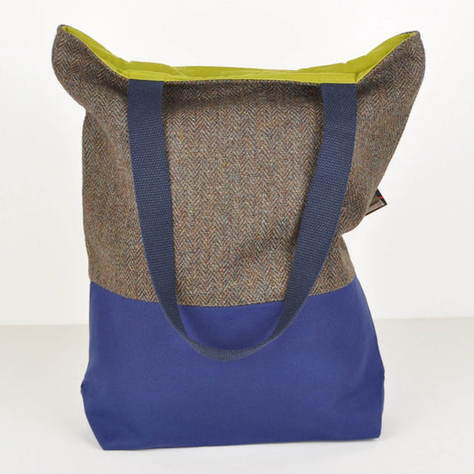 Bits & Totes Bag Tweed and Wool Tote Bag - Green/Brown Herringbone & Blue Twill