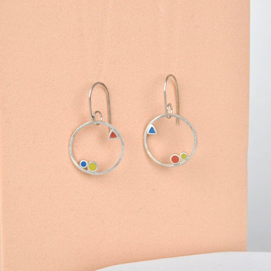 Clare Lloyd Earrings Blue/Orange/Yellow circles and triangles Small Inside Dot Hoop Earring
