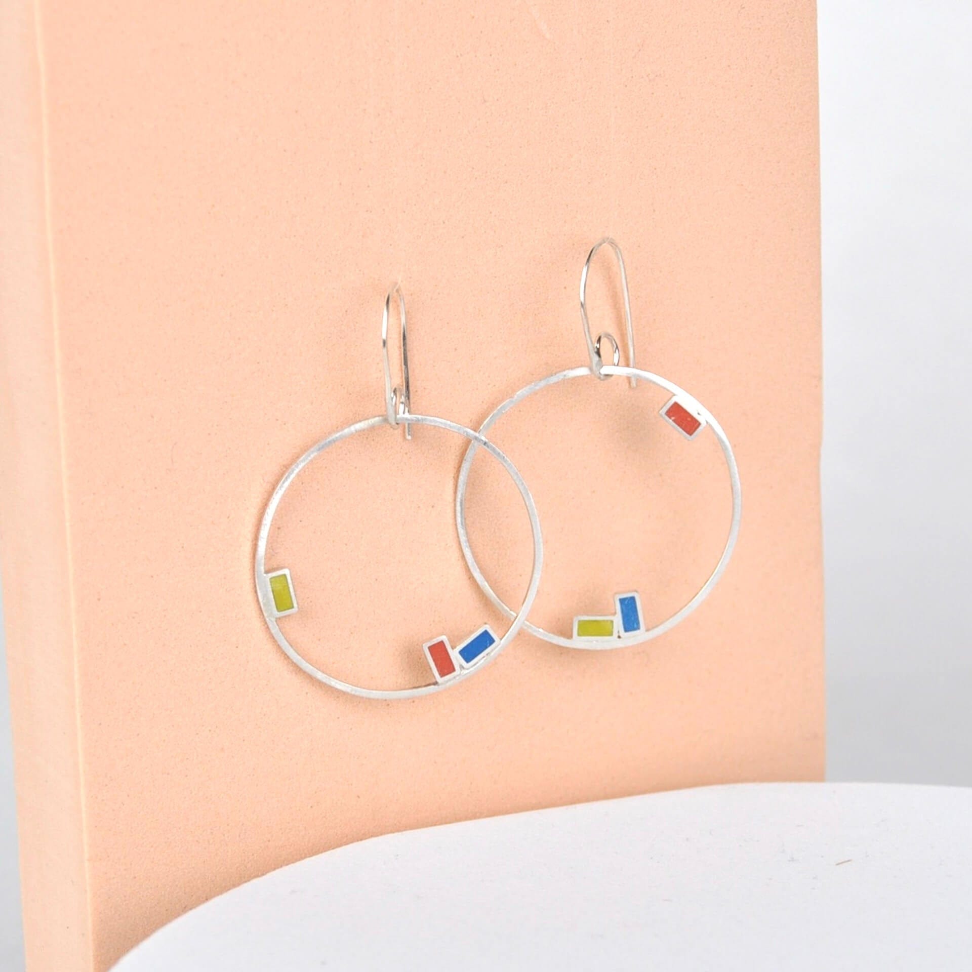 Clare Lloyd Earrings Orange/Blue/Yellow Rectangles Large Inside Dot Hoop Earring