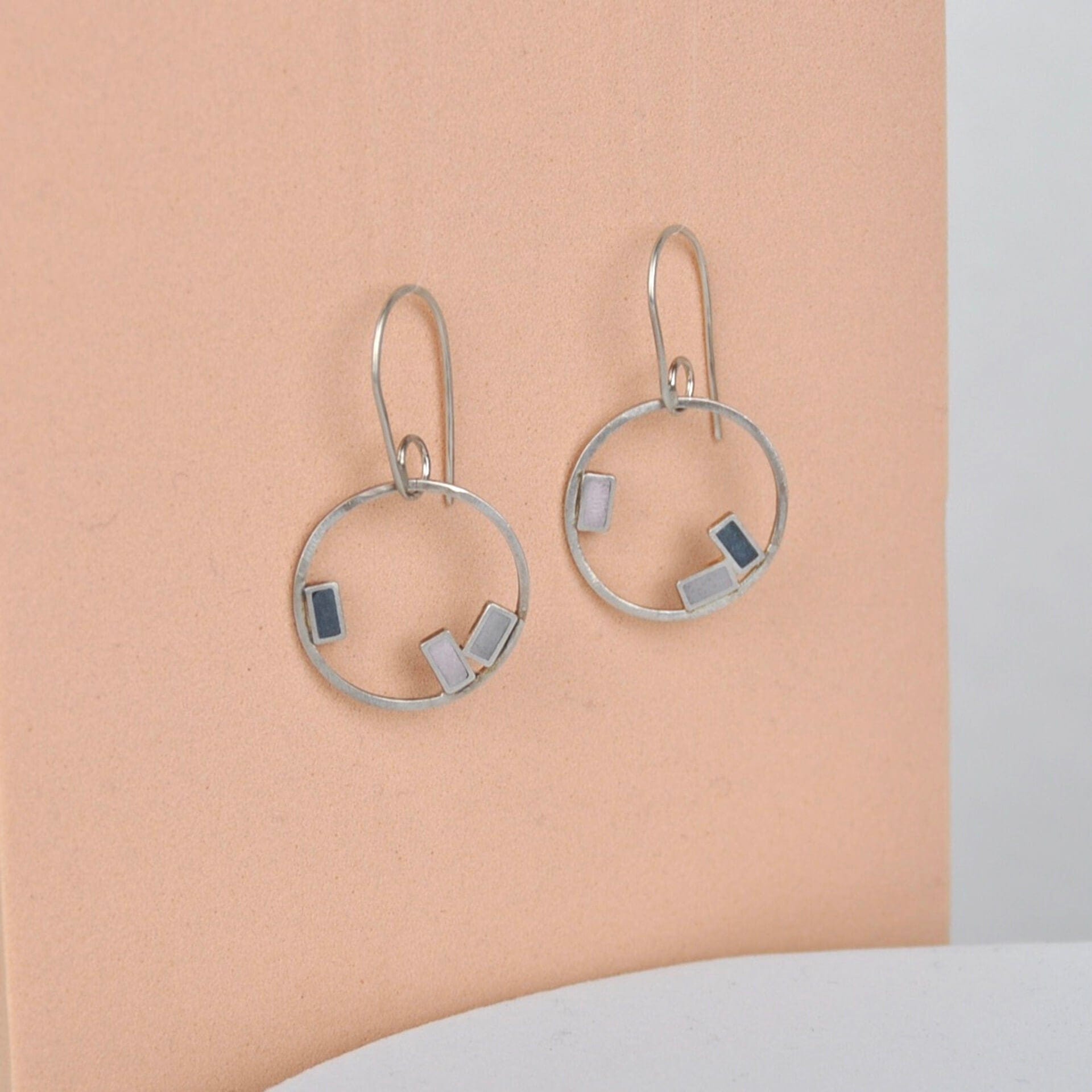 Clare Lloyd Earrings Pink/Light Grey/Dark Grey rectangles Small Inside Dot Hoop Earring
