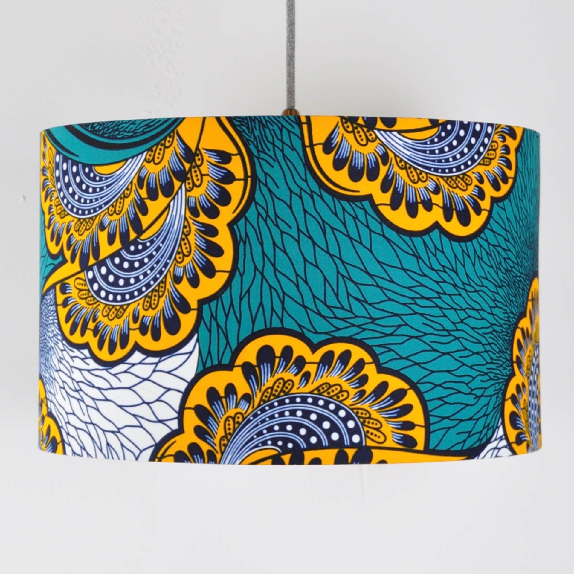 Colourful Shadez Bristol ⌀40cm x 25cm African Print Lampshade - Teal & Yellow Peacock Feather (various sizes)