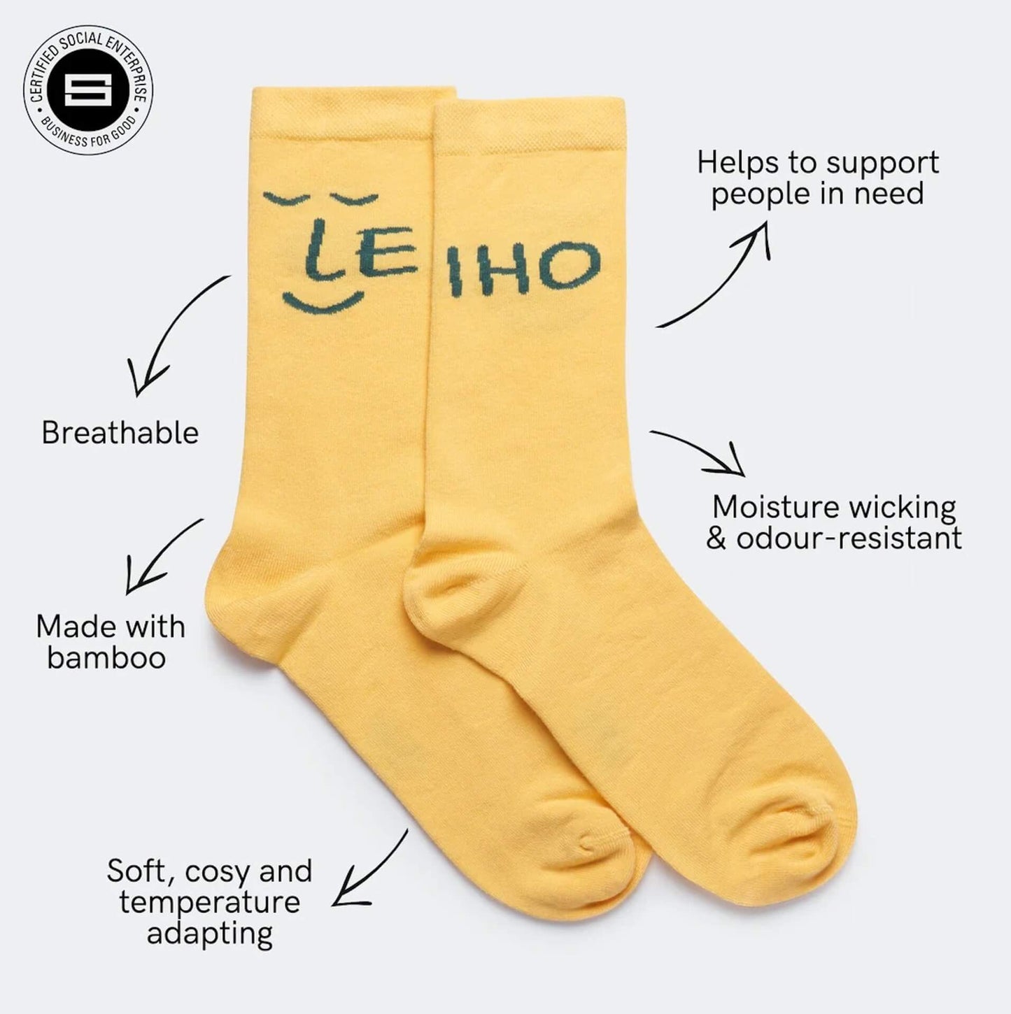 Leiho Socks Smiley Bamboo Socks - 'Sunny Rays' Yellow