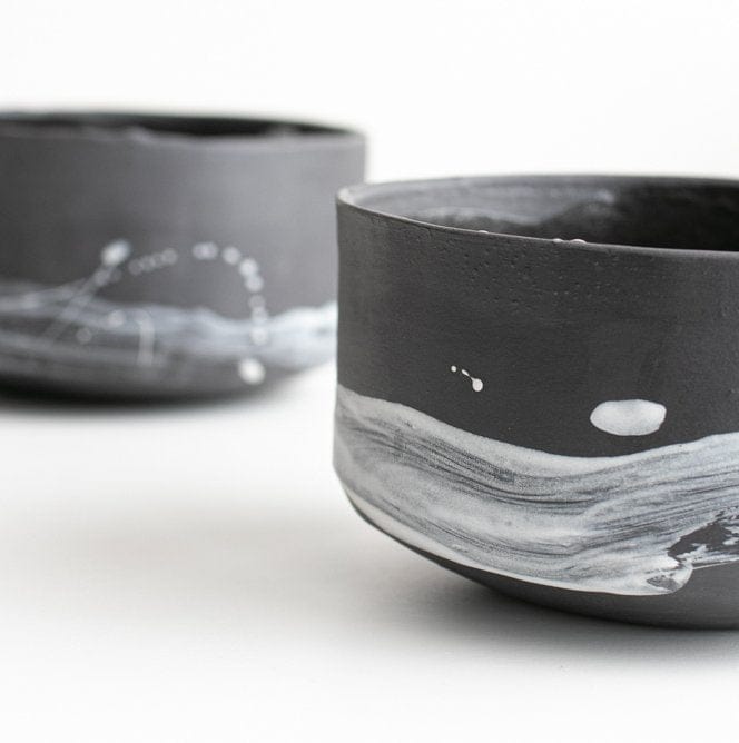 Naked Clay Ceramics Short Bowl -  'Spirit' (black clay with porcelain brushstrokes)