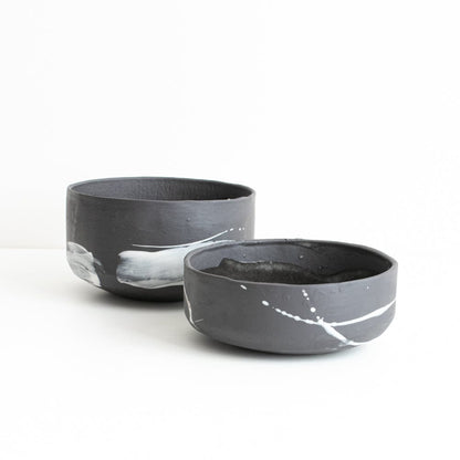 Naked Clay Ceramics Short Bowl -  'Spirit' (black clay with porcelain brushstrokes)