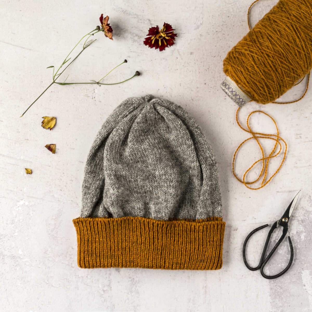 Ria Burns Hat Grey & Coreopsis Orange Naturally Dyed Beanie - 100% Lambswool (various colours)