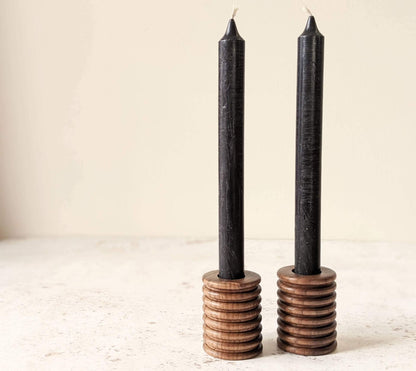 Something From The Turnery Candle Holder Ribbed Wooden Candle Holders - Walnut