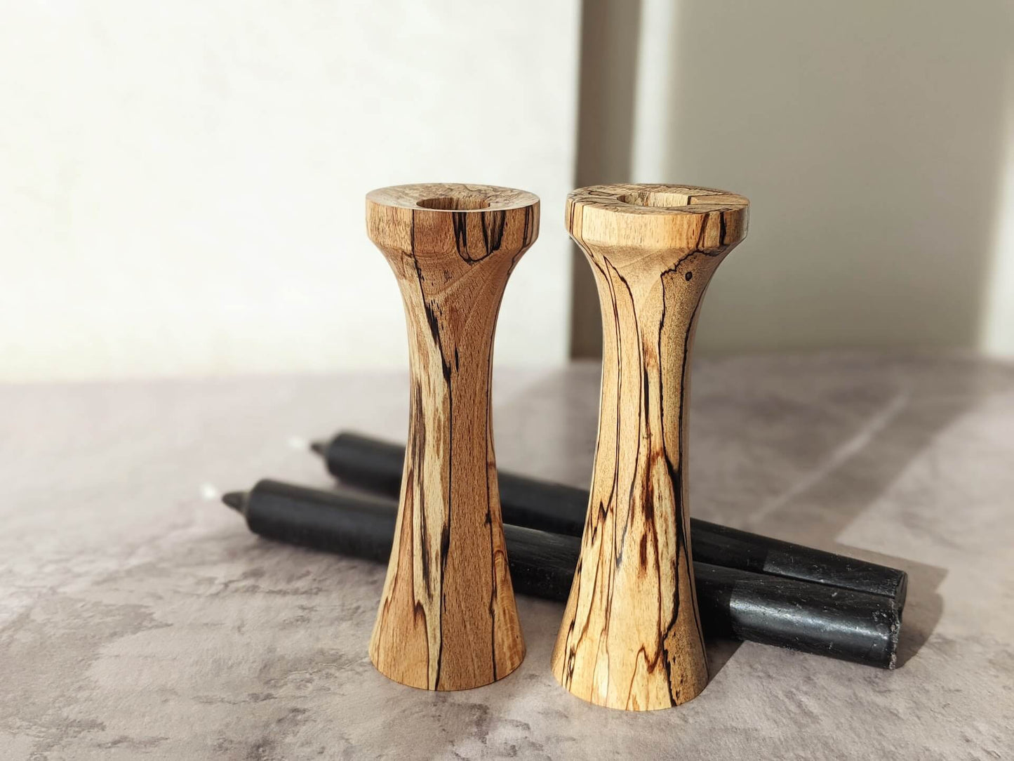 Something From The Turnery Wooden Candlestick Pair - Spalted Beech