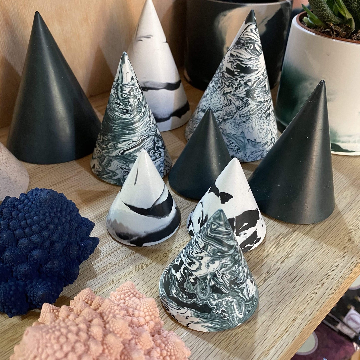 Tip Studio Cones Small cone - Green/White Swirl Jesmonite Cones  (various sizes and patterns)