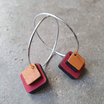Earrings Red / Orange Double Square Recycled Leather Earrings homeware shops bristol gift shops bristol Zoe Dunn Designs