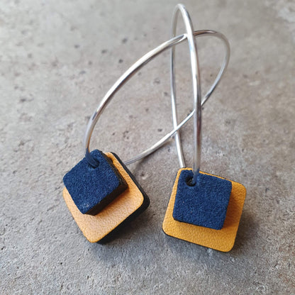 Earrings Mustard / Navy Suede Double Square Recycled Leather Earrings homeware shops bristol gift shops bristol Zoe Dunn Designs