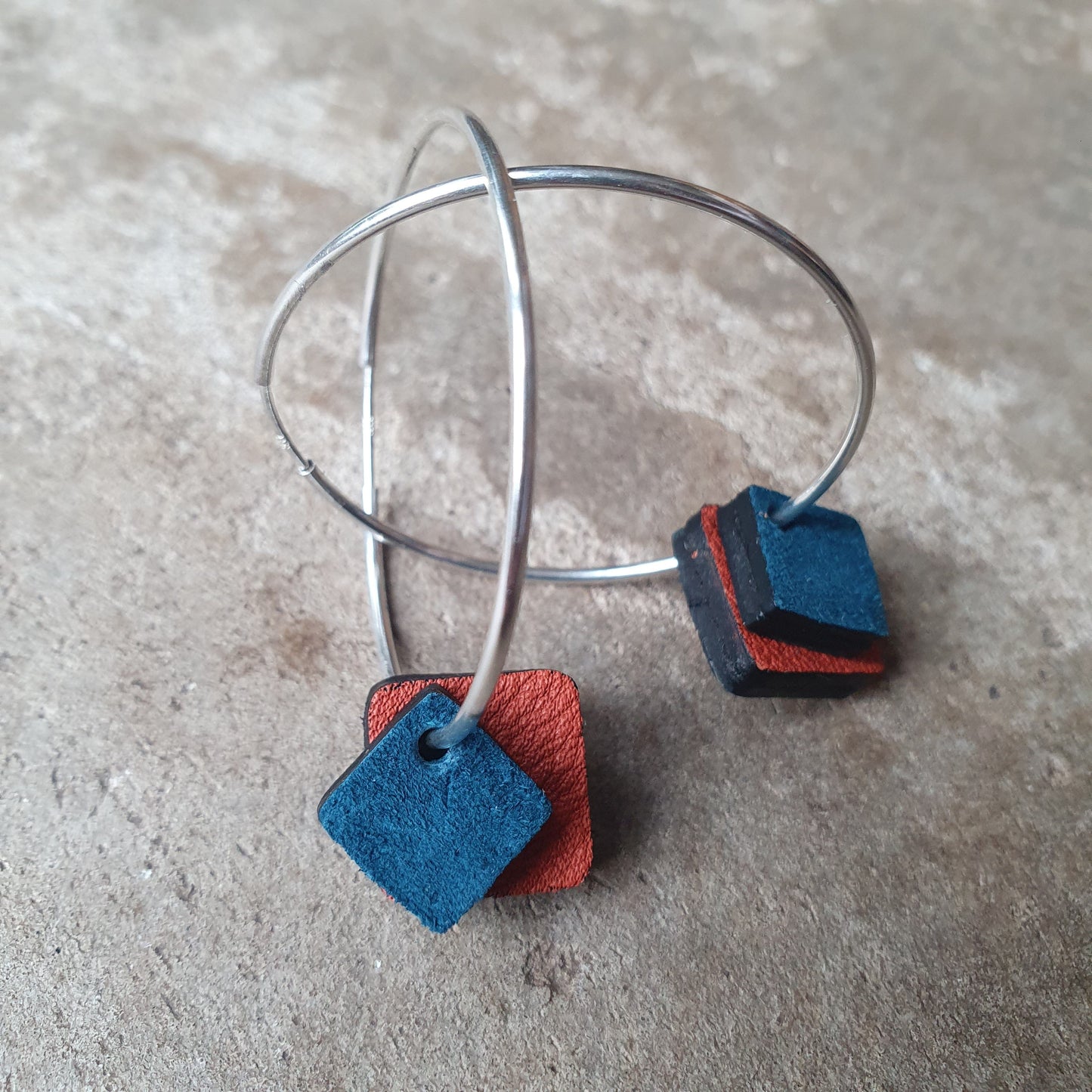 Zoe Dunn Designs Earrings Rust/Petrol Double Square Recycled Leather Earrings
